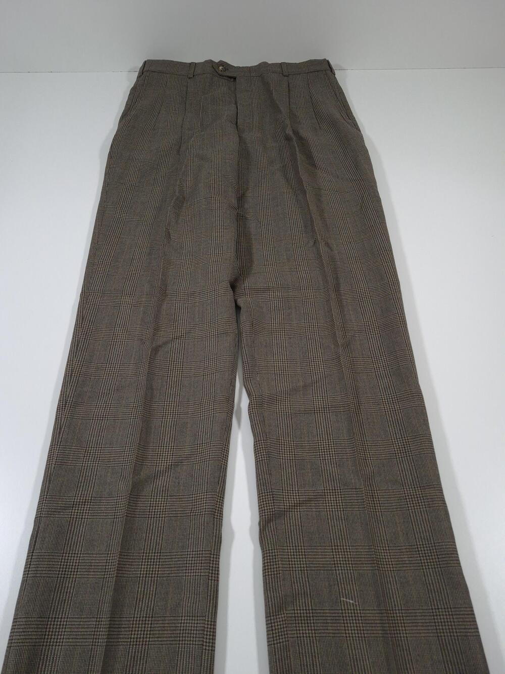 VTG John Alexander Dress Pants Mens 37x36 Brown Wool Plaid Pleated Classic